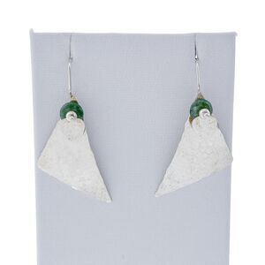 Sterling Silver Abstract Hammered Triangle Heart Green Nephrite Dangle Earrings
